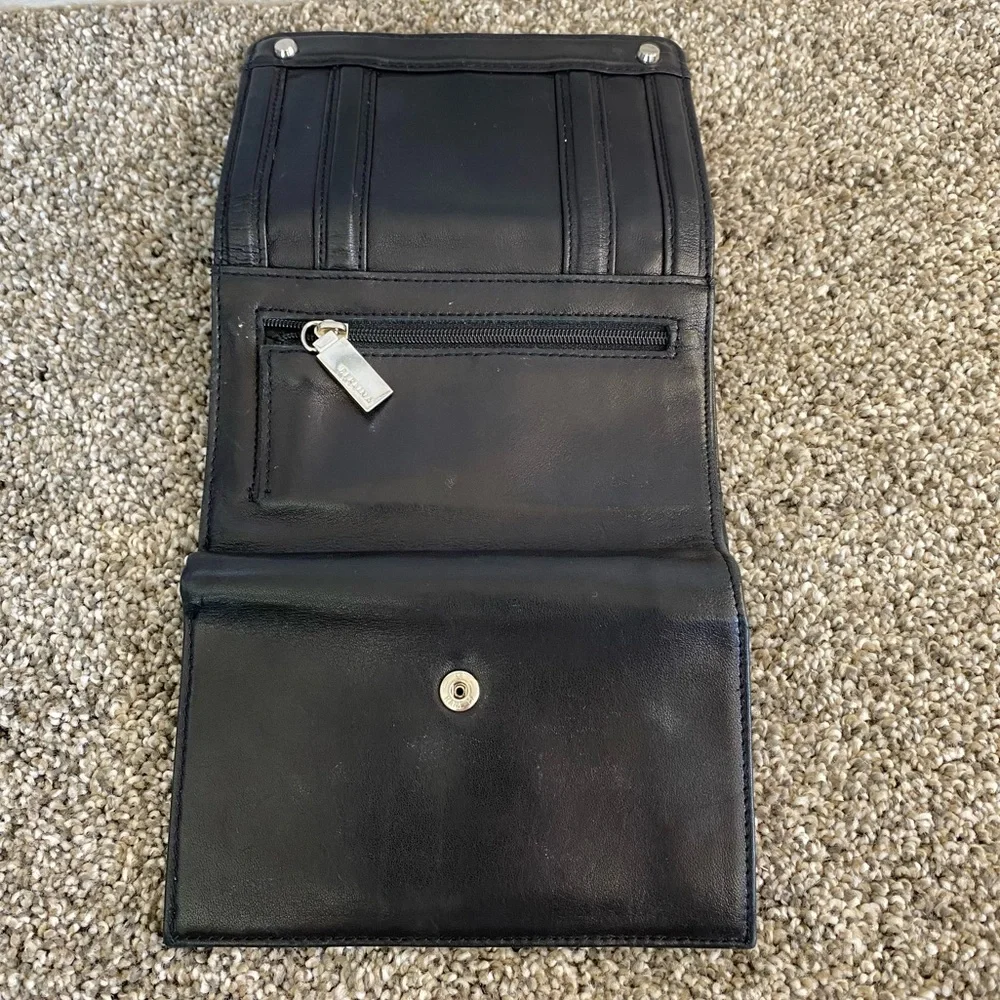 Perlina Black Leather Trifold Ladies Wallet Clutch